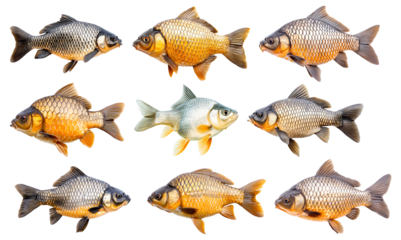 Set of common carp fish with detailed scales and fins, isolated on white transparent background