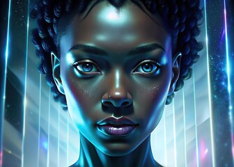 Digital woman face for AI technology concept. Model hidden behind mirror pattern. Beautiful girl. Reeded Glass. Ribbed Background. Neon red and pink Glitched and corrupted female face.