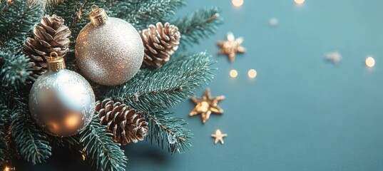 Festive Teal Winter Holiday Spruce with Shimmering Baubles Creating a Joyful Celebration Design