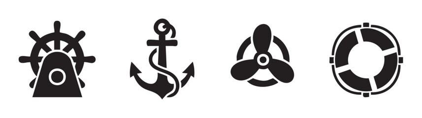 Obraz premium Ship's wheel, anchor, propeller, and lifebuoy icons represent essential nautical symbols for maritime navigation, safety, and adventure.