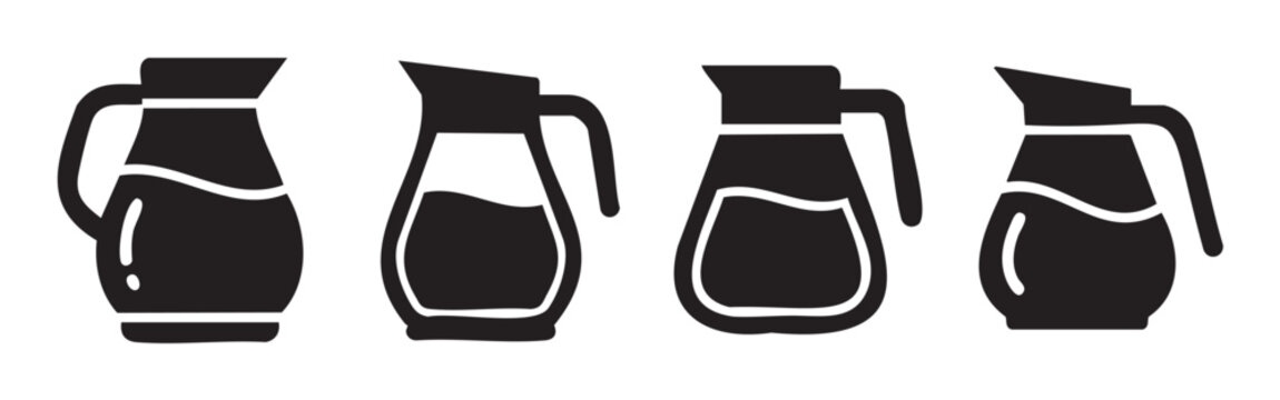 Four different pitchers with liquid inside, vector illustration in a black silhouette style, representing beverages or pouring containers for various drinks.