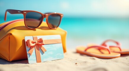 Yellow bag and sunglasses on the beach travel concept gift card concept copy space