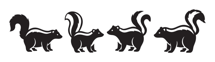 Fototapeta premium Four stylized black and white skunks are depicted in various poses, showcasing their distinctive striped fur and bushy tails as graphic illustrations.