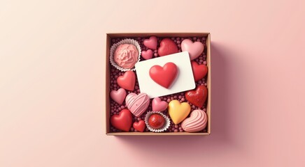 Box of valentine ' s day treats with a card in it food background