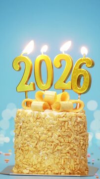 Happy New Year 2026, seamless loop of cute cake with golden ribbon with candle number 2026 for new year celebrate party was lit. blue background with light bokeh, vertical