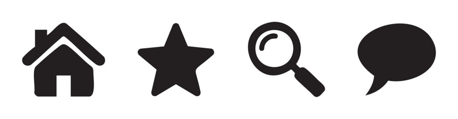 Four essential black web icons depicting home, favorite, search, and message functions, commonly used in modern digital interfaces and applications.