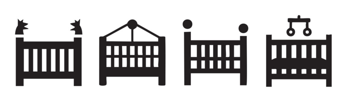 Four different baby cribs and cots are depicted in a black silhouette style, showcasing various designs for infant sleeping arrangements.