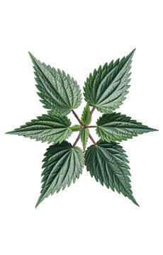 Fresh green common nettle plant with serrated leaves, top view isolated on transparent background