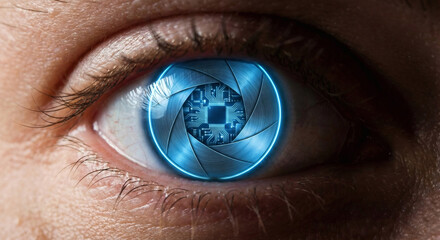 Extreme Close-Up of Futuristic Human Eye with Digital Camera Lens Iris and Blue Circuits