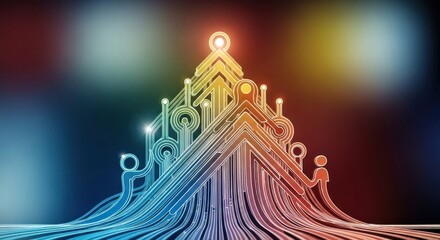 A colorful, abstract digital art piece featuring a Christmas tree with a glowing light at the top, set against a gradient background with warm and cool tones.