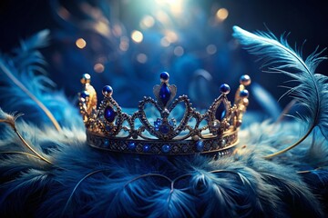 Glowing Crown on Dark Blue Feathers: Symbol of Power and Majesty
