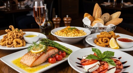 A table set with a variety of food items, including salmon, pasta, bread, and vegetables, with a glass of wine and a bottle of oil in the background.