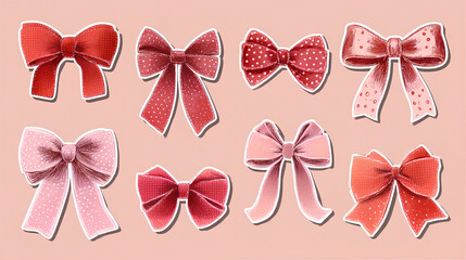 Bows and decorative ribbons halftone art collage cut outs set Red and pink paper clippings Vintage dotted stickers for Christmas and Valentine's day mixed media design Modern retro vector