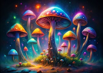 Glowing Fantasy Mushrooms: Watercolor Psychedelic Fungi Art