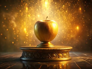 Glowing Golden Apple on Pedestal - Fantasy 3D Illustration Stock Photo