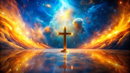 Glowing Golden Cross in Cosmic Nebula - Tilt-Shift Miniature Effect