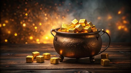 Glowing Golden Cubes in Rustic Wooden Cauldron - Egyptian Inspired Food Photography