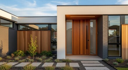 A modern, minimalist house with a large, wooden front door and a minimalist garden with pavers and plants.