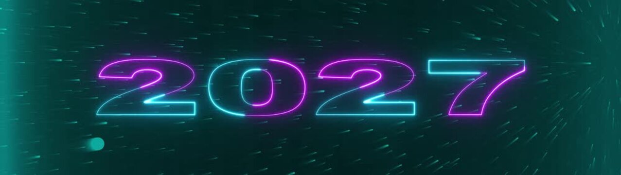 Glowing neon line word of 2027 on planet earth with space background. Concept of new year beginning, happy celebration, festival, new life, growth of business, 4K rendering video animation.