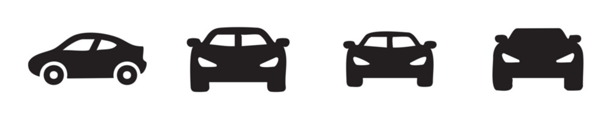 Obraz premium Four black car vehicle icons representing modern transportation and automotive industry symbols for various digital designs and applications.