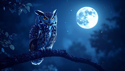 Captivating nocturnal owl with bright eyes perched on a gnarled tree branch, bathed in the ethereal glow of a magnificent full moon within a mysterious and tranquil forest at night