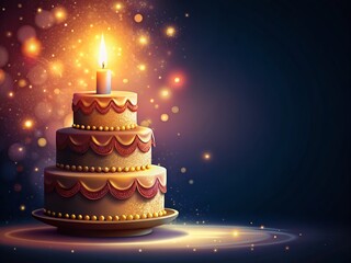 Glowing Wedding Cake with Candle & Sparkles - Festive Dark Background Stock Photo