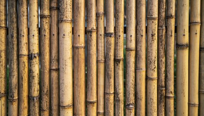 Fototapeta premium Close-up of bamboo fencing with repeating vertical pattern, natural outdoor daylight highlighting organic texture, rustic material detail for architecture, garden, and eco design concepts.