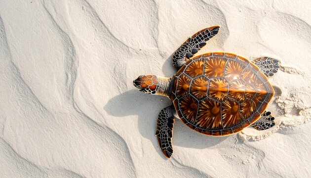 A majestic sea turtle glides across a pristine sandy beach, its shell patterned with intricate designs