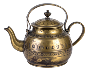 Antique Metal Teapot with Patina and Engraving, Three-Quarter Angle, Isolated