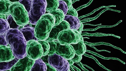 Detailed 3D rendering of numerous microscopic bacteria or virus cells in vibrant green and purple hues showcasing intricate cellular structures and flagella against a stark black background represent. - Powered by Adobe