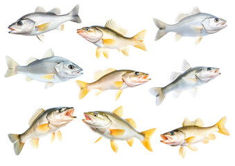 Fototapeta premium Set of Freshwater Walleye fish with vivid golden fins and detailed scales isolated on white transparent background