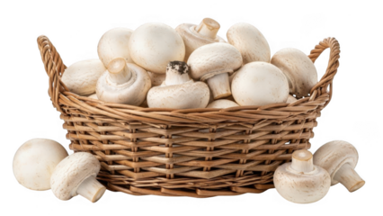 White mushrooms in basket isolated on transparent background