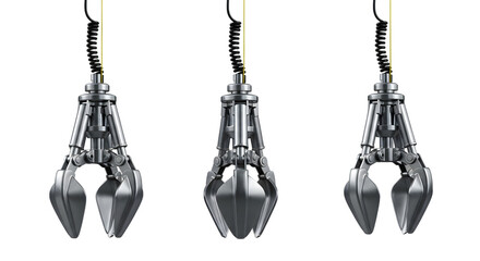 Three industrial robotic claws or grabbers, mechanical arms, representing automation, technology and manufacturing, isolated on transparent background