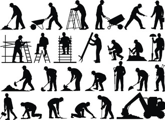Construction worker silhouettes set, multiple manual labor activities, building and excavation tasks, industrial teamwork actions, safety helmets, black flat vector illustration
