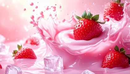 A refreshing close-up of ripe strawberries splashing into creamy pink milk with ice cubes