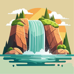 Fototapeta premium Cartoon waterfall landscape with rocks, trees, and water, in a flat vector style.