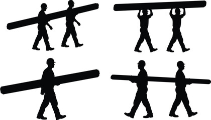 Construction workers carrying wooden beams silhouettes, teamwork and manual labor actions, industrial safety helmets, building material transport, black vector illustration