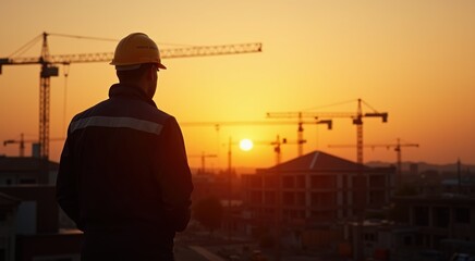 Construction worker standing on a roof looking at the sun