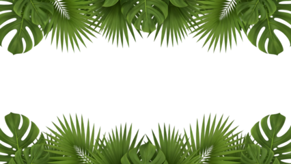 jungle leaf border positioned at top and bottom, tropical palm and monstera leaves, symmetrical layout, soft shadows, vibrant greens, isolated