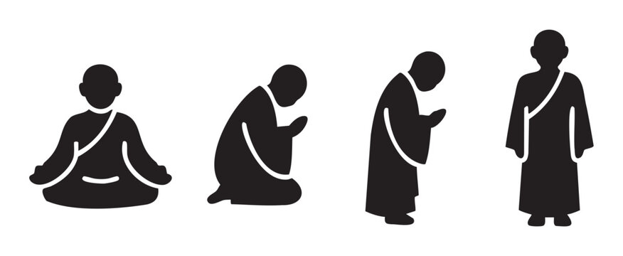 Buddhist monk silhouettes illustrate various poses of meditation, prayer, and spiritual devotion, representing different aspects of religious practice and mindfulness.