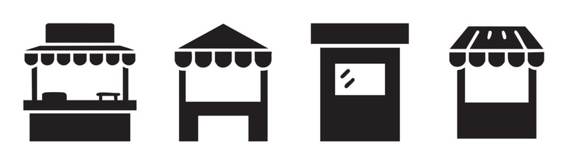 Four different market stalls icons representing various small business stands, kiosks, and retail points for commerce, trade, and public events.