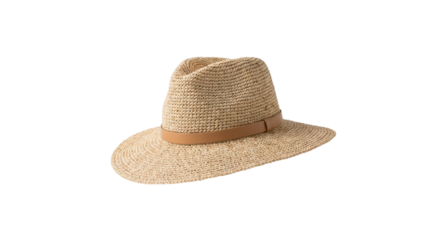 Hat made of straw with a brown band sitting on a flat surface in a well-lit area during daytime