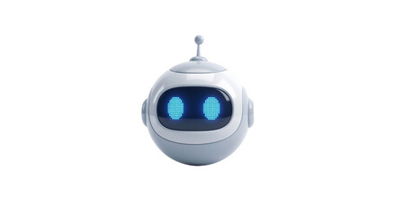 Obraz premium Robot with blue lights and round shape stands on a white background as a technology concept in the modern world