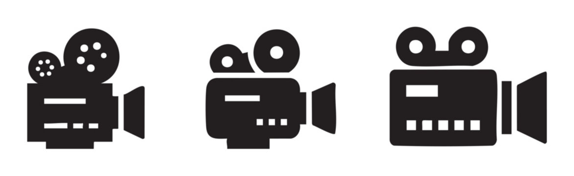 Three black video camera film recorder icons representing cinema, movie production, and digital recording technology in a modern, minimalist vector illustration.
