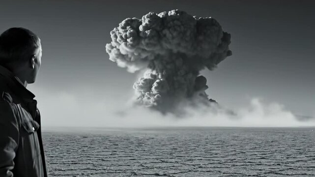 Man watches nuclear explosion mushroom cloud in desert. Atomic bomb blast rises over barren wasteland. Nuclear explosion forms mushroom cloud on horizon. Apocalyptic war concept in desert landscape.