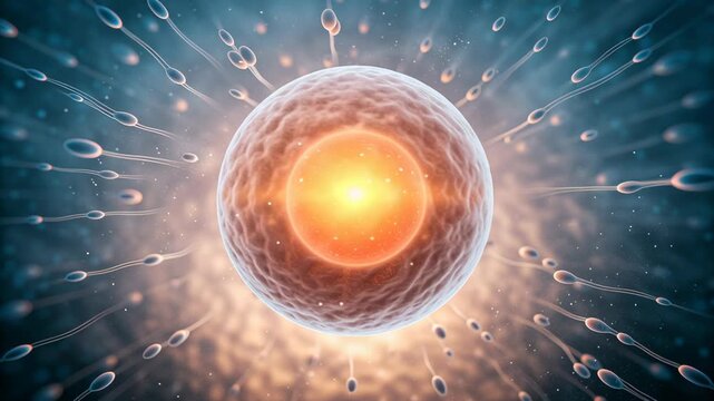 Embryo and Sperm concept ,Sperm egg fertilization cell reproduction biology microscopic science glowing medical concept of life with sperm
