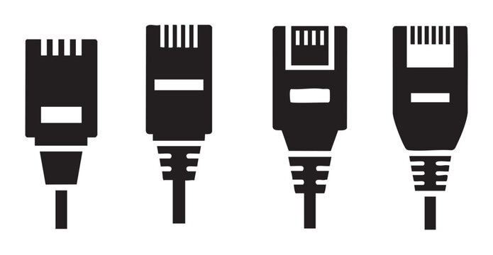 Ethernet RJ45 network cable connectors are illustrated as a collection of black silhouette icons representing internet connectivity.