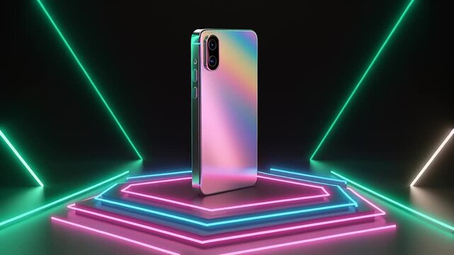 Sleek smartphone displayed on a glowing geometric platform with neon lights in a dark environment