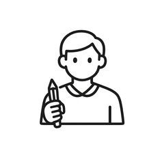 Black and white line art icon of a person holding a pencil.