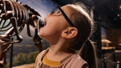 Young Caucasian Girl in Glasses Amazed by Dinosaur Skeleton in Museum Exhibit